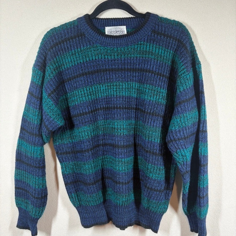 Vtg Saugatuck Sweater L‎ Blue/Green Striped Chunky Cozy Fisherman Retro Relaxed